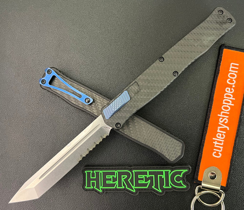 Heretic Knives Cleric II Tactical Double Action OTF Automatic - 4.25" Stonewash Finish Combo Edge CPM-MagnaCut Tanto Blade - Black Anodized Aluminum Handle w/Carbon Fiber Inlay - H019-2B-CF/BLU