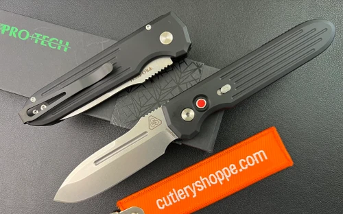PRO-TECH 1804 PDW INVICTUS AUTOMATIC. 3.5" STONEWASH FINISH CPM MAGNACUT BLADE. BLACK ANODIZED 6061-T6 ALUMINUM HANDLE. PROMETHEUS DESIGN WERX COLLABORATION. CUTLERY SHOPPE