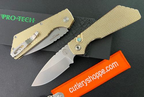 Pro-Tech PT234 Strider PT+ AUTOMATIC - 3.0" Stonewash Finish CPM-MagnaCut Blade - Textured AlBronze Handle. CUTLERY SHOPPE