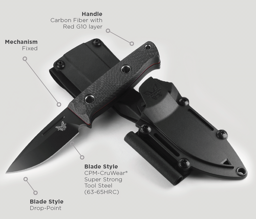 Benchmade 165BK Mini Bushcrafter - 3.38" Plain Edge CPM-CruWear Blade - Carbon Fiber Scales w/Red G-10 Layer - Modular Belt Sheath w/Ferro Loop
