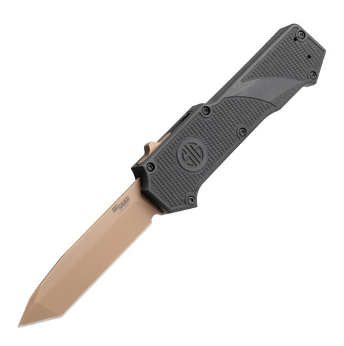HOGUE 36020 SIG COMPOUND TACTICAL DUAL ACTION OTF AUTOMATIC FOLDER. 3.5" FDE PVD FINISH CPM-S30V TANTO POINT BLADE. TEXTURED BLACK G-10 CASE W/6061-T6 HARD ANODIZED ALUMINUM CHASSIS. DEEP CARRY POCKET CLIP. CUTLERY SHOPPE