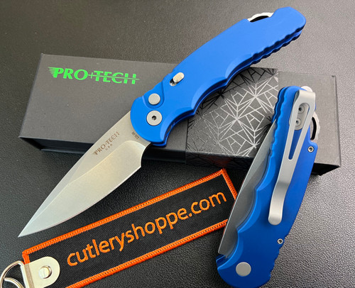 PRO-TECH T501-BLUE TACTICAL RESPONSE 5 AUTOMATIC. 3.25" STONEWASH FINISH CPM-S35VN BLADE. BLUE ANODIZED ALUMINUM HANDLE W/STEEL GLASS BREAKER. CUTLERY SHOPPE