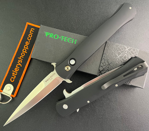 PRO-TECH 1921-MOP LARGE DON AUTOMATIC. 4.5" SATIN FINISH 154CM BLADE. BLACK ANODIZED MACHINE CURVED ALUMINUM HANDLE. MOTHER OF PEARL BUTTON. CUTLERY SHOPPE