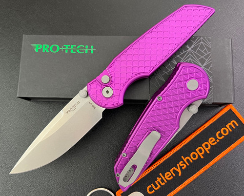 Pro-Tech INTEGRITY Thumb Stud Manual Folder - 3.5" Stonewash Finish CPM-S35VN Blade - Reptile Textured Purple Anodized Aluminum Handle - INT105-PURPLE