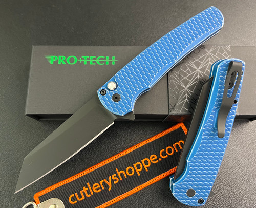 Pro-Tech Malibu Flipper - 3.25" Black DLC Finish Reverse Tanto CPM-MAGNACUT Blade - Blue Battleworn "Dragon Scale" Textured Aluminum Handle w/Deep Carry Pocket Clip