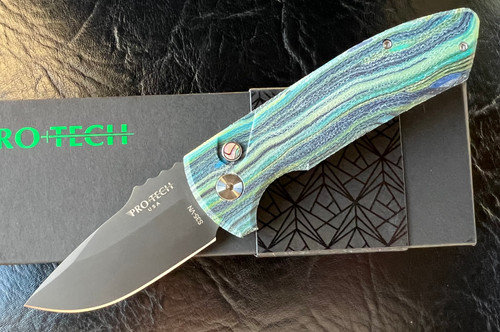 Pro-Tech SBR (Short Bladed Rockeye) AUTOMATIC - 2.5" Black DLC Finish CPM-S35VN Blade - G-Carta "Blue Dog Crossrag" Micarta Front/Black Anodized ThickBack 6061-T6 Aluminum Handle SBR.UNIQUE.MICARTA