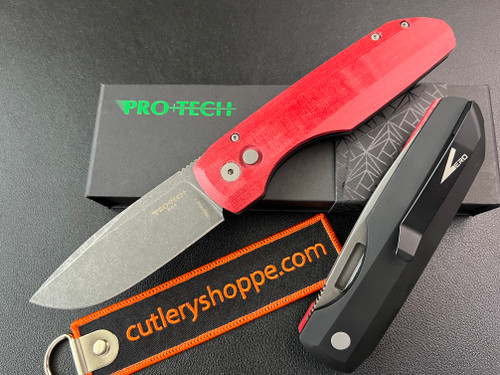 Pro-Tech Vero Synapse AUTOMATIC - 3.5" Acid Wash Finish Magnacut Blade - Red Linen Micarta Front/Black Aluminum Backside Handle - VERO1211-AW RED LINEN