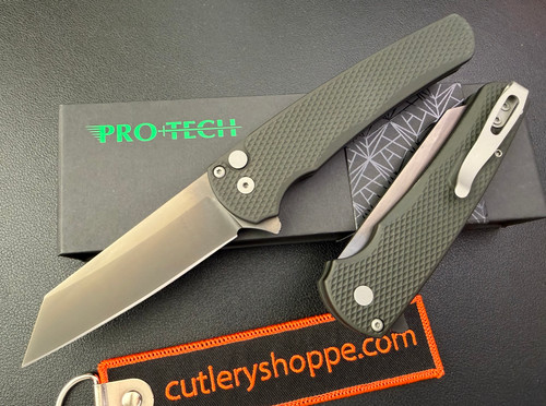 Pro-Tech Malibu Flipper - 3.25" Smoky Grey DLC Reverse Tanto CPM-MagnaCut Blade - Textured Dark Green Anodized Aluminum Handle - 5406-SG GREEN