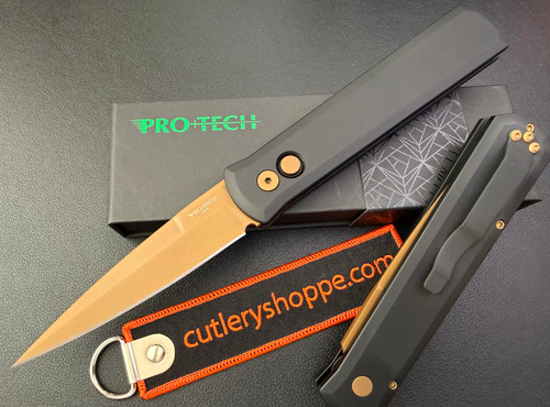Pro-Tech Godfather AUTOMATIC - 4.0" Tan PVD Finish 154CM Blade - Black 6061-T6 Aluminum Handle w/Tan Push Button