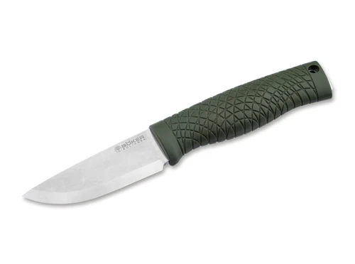 BOKER SOLINGEN 121518 BRONCO MINI BUSHCRAFT. 3.5"CPM-3V SCANDI GRIND BLADE. TEXTURED GREEN TPE HANDLE. CUTLERY SHOPPE