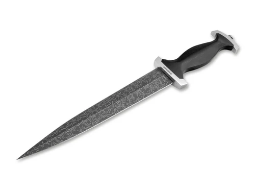 Boker Swiss Dagger Mosaic Damast Fixed Blade - 8.6" Chad Nichols Mosaic Damascus Blade - Ebony Wood Handle w/Stainless Steel Guard & Pommel - Leather Scabbard - 121554DAM