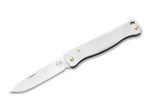 Boker Plus Atlas Mini Slipjoint Folder - 1.65" Sandvik 12C27 Drop Point Blade - Stonewash Finish Stainless Steel Handle - 01BP0024
