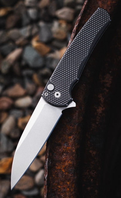 Pro-Tech 5305-BW Malibu Flipper - 3.5" Stonewash Wharncliffe MagnaCut Blade - Textured Battleworn Black Anodized Aluminum Handle