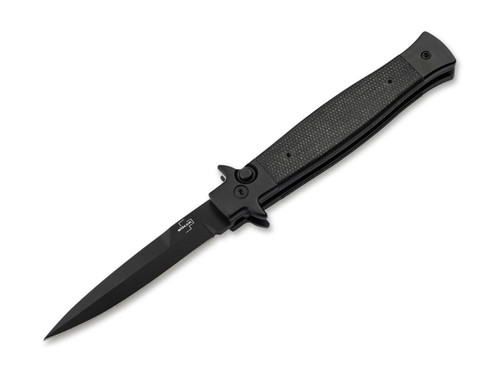 Boker Plus Stiletto 3.5 "All Black" AUTOMATIC - 3.5" 14C28N Single Edge Blade - Stainless Steel Handle w/Black Micarta Scales - 06EX751