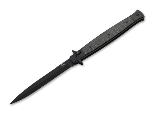 Boker Plus Stiletto 5.0 "All Black" AUTOMATIC - 5.12" 14C28N Single Edge Blade - Stainless Steel Handle w/Black Micarta Scales - 06EX753