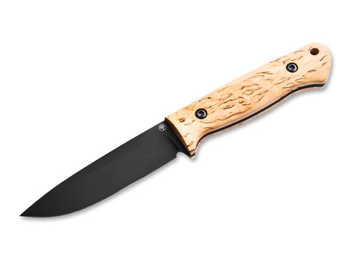 Boker Solingen Dutch Bushcraft Knives DBK Bushfriend 2000 - 4.33" 80CrV2 Black Finish Blade - Curly Maple Scales - Leather Sheath w/Dangler - 121004
