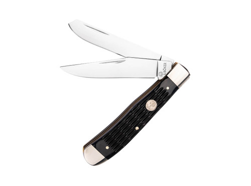 Boker Treebrand Trapper Jigged Black - D2 Tool Steel Blades - Nickel Silver Bolsters w/Textured Black Jigged Bone Scales - 110824
