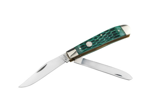 Boker Treebrand Trapper Jigged Green - D2 Tool Steel Blades - Nickel Silver Bolsters w/Textured Green Jigged Bone Scales - 110831