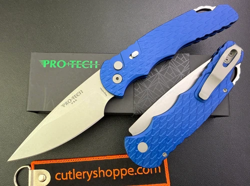 Pro-Tech Tactical Response 4 AUTOMATIC - 4.0" Stonewash Finish MagnaMax Blade - "Feather Texture" Blue Anodized Aluminum Handle w/Glass Breaker - T4105-F-MM-BLUE