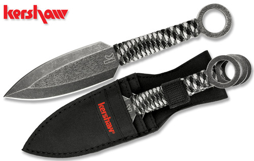  Kershaw Ion Throwing Knife Set (1747BWX); Three Full Tang 4.5  In. High-Performance 3Cr13 Double-Edged Spearpoint Blades; Black-Oxide  Finish; Paracord Wrapped Handle; Includes Nylon Sheath; 4 OZ , Gray : Sports