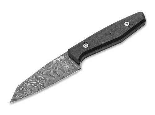 Boker 122509DAM Daily Knives AK1 Damast Reverse Tanto Fixed Blade - 3.11 Damascus  Blade - Fat Carbon Space-Coral Silver Handle - Black Leather Sheath w/ UltiClip