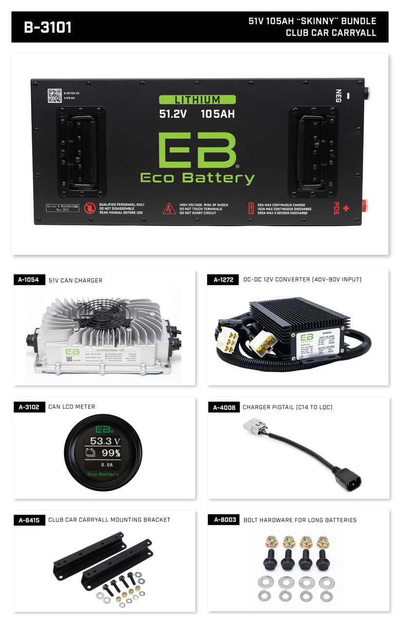 EB Eco Battery Lithium Conversion 51V 105Ah Skinny Club Car Carryall Bundle