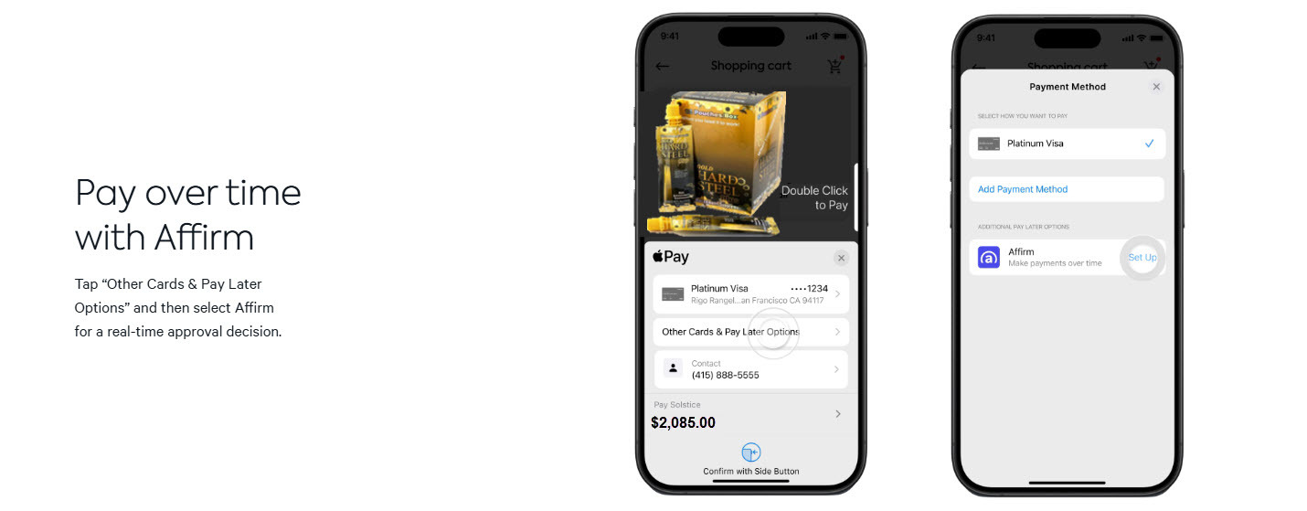 tap "other cards & pay later option" on your iphone and pay overtime with Affirm at supercoreintl.com