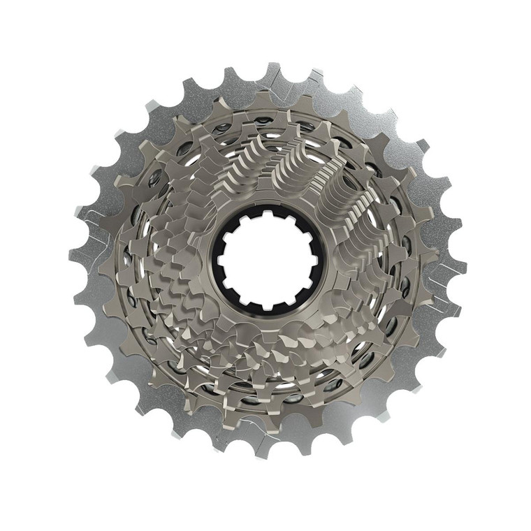 Sram: <p><strong>OVERVIEW</strong><br />The workhorse of X-Range gearing. The SRAM RED XG-1290 cassette progresses fluidly and quickly through a wider range of gears. It's specifically designed for wireless electronic shifting and the one-piece design offers you the best in weight savings.</p><p><strong>FEATURES</strong></p><ul><li>Designed for smooth and fast shifting</li><li>Gradual gear progression between cogs&mdash;at least five one-tooth jumps&mdash;while still offering a wider range</li><li>10-tooth start helps provide a wider gearing range</li><li>Designed to work with an XDR driver body</li><li>One-piece machined steel X-DOME design for weight savings</li><li>All Zipp wheels starting from 2012 are XDR ready</li></ul>  <p><strong><span style="text-decoration: underline;">SPECIFICATIONS</span><br /></strong><br /><strong>Speed (CS)</strong>&nbsp;12s<br /><strong>Gearing&nbsp;</strong>10-26t, 10-28t, 10-33t<br /><strong>Cog finish (Cassette</strong>)&nbsp;Rainbow, Silver<br /><strong>Technology (Cassette</strong>)&nbsp;XG<br /><strong>Cog sizes&nbsp;</strong>10-26t;10,11,12,13,14,15,16,17,19,21,23,26 / 10-28t;10,11,12,13,14,15,16,17,19,21,24,28 / 10-33t;10,11,12,13,14,15,17,19,21,24,28,33</p>