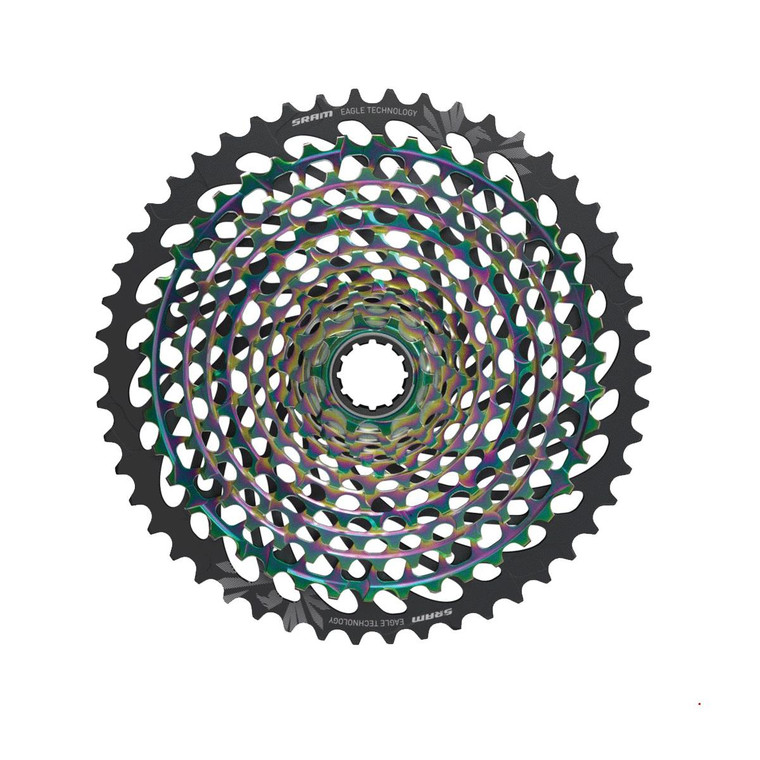 Sram: <p>FREEDOM</p> <p>Take a quick look at the new X-DOME&trade; Eagle&trade; cassette. The last dangling shred of an argument in favor of a mountain bike front derailleur is now officially dead. Designed for use with our proven, reliable XD&trade; Driver Body, this 12-speed, 10- to 50-tooth cassette offers an optimal 500-percent gear range at a considerably lighter weight than 2x systems. It carries with it the X-DOME&trade; architecture, which, independent tests have concluded, yields the strongest cassettes on the market. New shifting characteristics improve both, inboard and outboard shifting, as well as chain retention.</p><p>THINGS TO REMEMBER</p><ul><li>Eagle&trade; represents our newest 1x drivetrain technologies</li><li>Eagle&trade; is a lighter, tougher, quieter, more durable and more precise</li><li>Eagle&trade; features all-new 1x components, engineered for even greater durability and performance</li><li>Eagle&trade; has a significant weight advantage over other drivetrains</li><li>Eagle&trade; technology allows an expanded, optimum, 500-percent gear range &mdash; a 20-percent increase over our other 1x drivetrains</li><li>Eagle&trade; is a complete drivetrain system that was developed to be an integrated high-performance ecosystem. The engineering and testing that went into the development provide for maximum performance, safety, and long-term durability to ensure a great consumer ride experience. We guarantee this performance when Eagle&trade; drivetrains are used as a complete ecosystem. For additional information, please contact your SRAM Sales Contact.</li></ul><p>FEATURES AND BENEFITS</p><ul><li>SRAM&rsquo;s cassette manufacturing technology provides the greatest durability and lightest weight</li><li>All-new shifting features create a smoother, quieter system with enhanced inboard and outboard shift performance</li><li>XD&trade; driver body compatible</li><li>10-50t: 10, 12, 14, 16, 18, 21, 24, 28, 32, 36, 42, 50</li></ul> <p><span style="text-decoration: underline;"><strong>SPECIFICATIONS</strong></span><br /><strong>Speed (CS):</strong> 12s<br /><strong>Gearing:</strong> 10-50t<br /><strong>Cog finish (Cassette):</strong> Rainbow<br /><strong>Technology (Cassette):</strong> XG<br /><strong>Cog sizes:</strong> 10-50t:10,12,14,16,18,21,24,28,32,36,42,50</p>