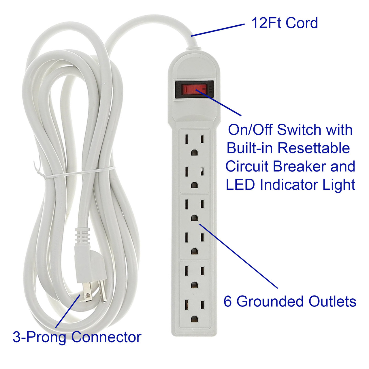 6 Outlet Plastic Surge Protector Power Strip with 12 ft. Cord