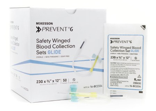McKesson PREVENT G Blood Collection Set 23 Gauge 3/4 Inch Needle Length Safety Needle 12 Inch Tubing Sterile 16-BC2334 Box/50