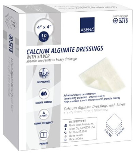 Calcium Alginate Dressing with Silver Abena 4 X 4 Inch Square Sterile 2618 Carton/10 Calcium Alginate Dressing with Silver Abena 4 X 4 Inch Square Sterile 2618 Carton/10