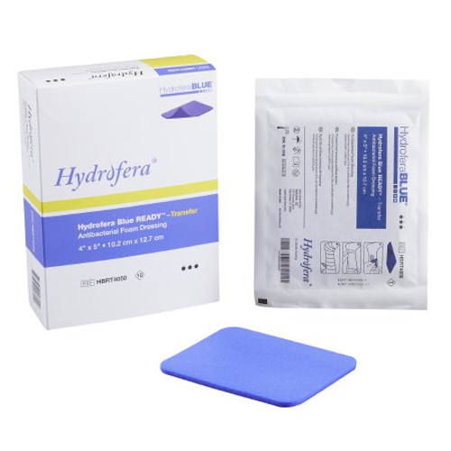 Antibacterial Foam Dressing Hydrofera Blue READY-Transfer 4 X 5 Inch Rectangle Non-Adhesive without Border Sterile HBRT4050 Box/10