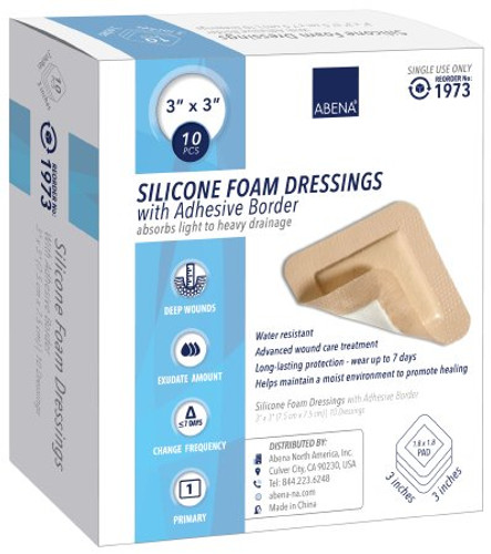 Silicone Foam Dressing Abena 3 X 3 Inch Square Silicone Adhesive with Border Sterile 1973 Case/200