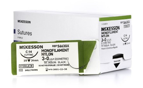 Suture with Needle McKesson Nonabsorbable Black Monofilament Nylon Size 3-0 18 Inch Suture 1-Needle 24 mm 3/8 Circle Reverse Cutting Needle S663GX Box/12