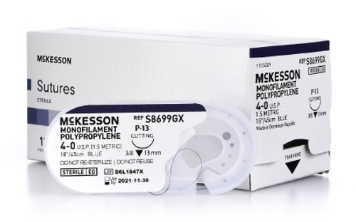 Suture with Needle McKesson Nonabsorbable Blue Monofilament Polypropylene Size 4-0 18 Inch Suture 1-Needle 13 mm 3/8 Circle Reverse Cutting Needle S8699GX Box/12