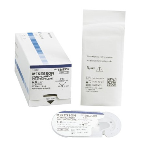 Suture with Needle McKesson Nonabsorbable Blue Monofilament Polypropylene Size 6-0 18 Inch Suture 1-Needle 13 mm 3/8 Circle Reverse Cutting Needle S8695GX Box/12