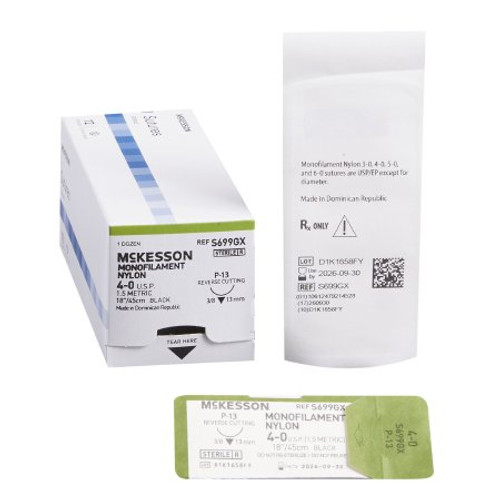 Suture with Needle McKesson Nonabsorbable Black Monofilament Nylon Size 4-0 18 Inch Suture 1-Needle 13 mm 3/8 Circle Reverse Cutting Needle S699GX Box/12