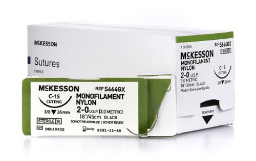 Suture with Needle McKesson Nonabsorbable Black Monofilament Nylon Size 2-0 18 Inch Suture 1-Needle 26 mm 3/8 Circle Reverse Cutting Needle S664GX Box/12