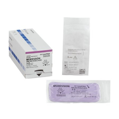 Suture with Needle McKesson Absorbable Undyed Braided Polyglycolic Acid Size 3-0 18 Inch Suture 1-Needle 19 mm 3/8 Circle Reverse Cutting Needle SJ497GX Box/12