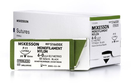 Suture with Needle McKesson Nonabsorbable Black Monofilament Nylon Size 6-0 18 Inch Suture 1-Needle 16 mm 3/8 Circle Reverse Cutting Needle S1665GX Box/12
