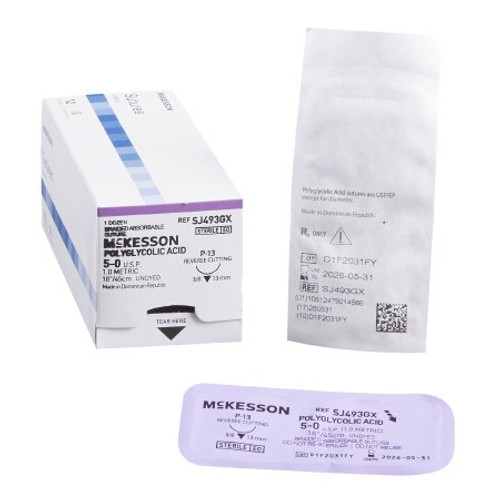 Suture with Needle McKesson Absorbable Undyed Braided Polyglycolic Acid Size 5-0 18 Inch Suture 1-Needle 13 mm 3/8 Circle Reverse Cutting Needle SJ493GX Box/12