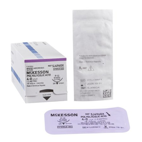 Suture with Needle McKesson Absorbable Undyed Braided Polyglycolic Acid Size 4-0 18 Inch Suture 1-Needle 19 mm 3/8 Circle Reverse Cutting Needle SJ496GX Box/12
