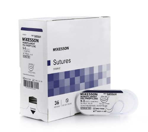 Suture with Needle McKesson Nonabsorbable Monofilament Polypropylene Size 5-0 36 Inch Suture 1-Needle 17 mm 1/2 Circle S8556H Box/12