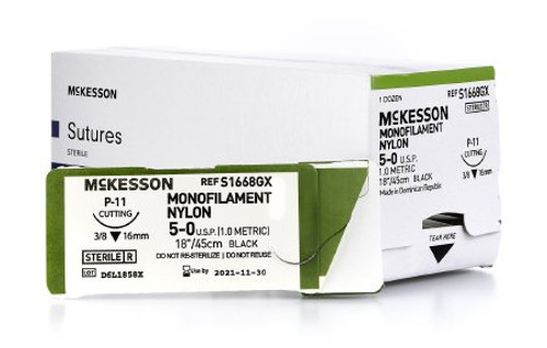 Suture with Needle McKesson Nonabsorbable Black Monofilament Nylon Size 5-0 18 Inch Suture 1-Needle 16 mm 3/8 Circle Reverse Cutting Needle S1668GX Box/12