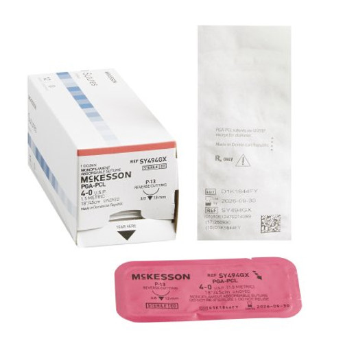 Suture with Needle McKesson Absorbable Undyed Monofilament Polyglycolic Acid / PCL Size 4-0 18 Inch Suture 1-Needle 13 mm 3/8 Circle Reverse Cutting Needle SY494GX Box/12