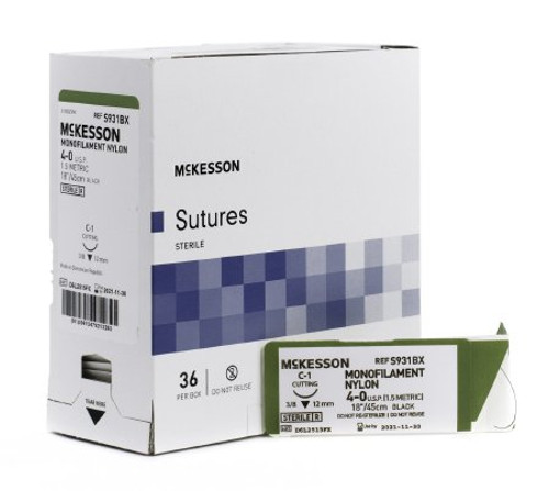 Suture with Needle McKesson Nonabsorbable Black Monofilament Nylon Size 4-0 18 Inch Suture 1-Needle 12 mm 3/8 Circle Reverse Cutting Needle S931BX Box/36