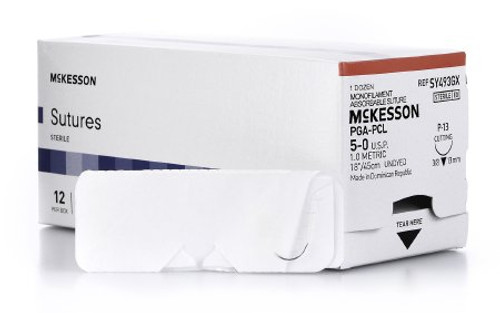Suture with Needle McKesson Absorbable Undyed Monofilament Polyglycolic Acid / PCL Size 5-0 18 Inch Suture 1-Needle 13 mm 3/8 Circle Reverse Cutting Needle SY493GX Box/12