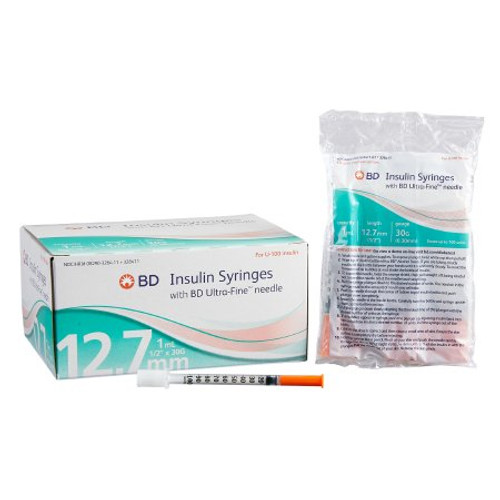 Insulin Syringe with Needle Ultra-Fine 1 mL 30 Gauge 1/2 Inch Attached Needle Without Safety 328411