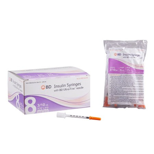Insulin Syringe with Needle Ultra-Fine 0.3 mL 31 Gauge 5/16 Inch Attached Needle Without Safety 328438